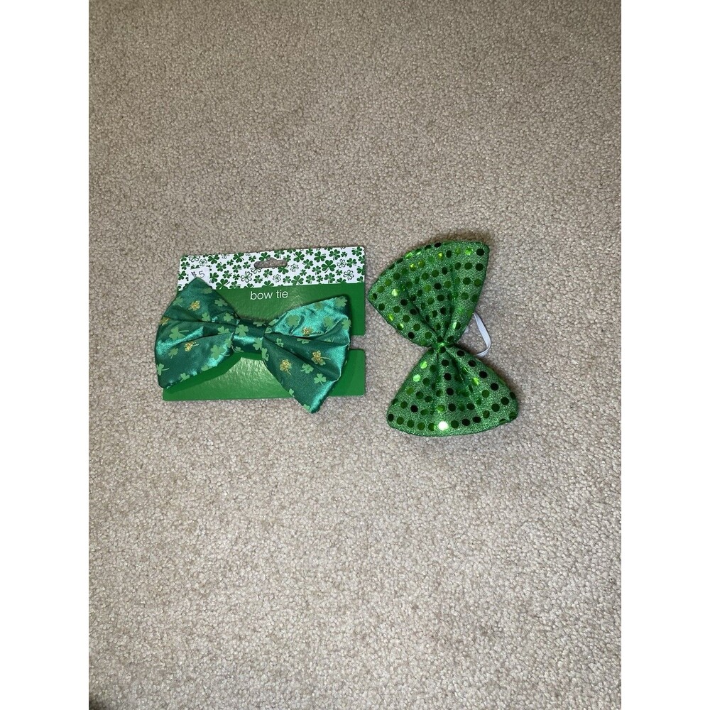 St. Patrick's Day Bow Tie Set Lot of 2 Green Sequin & Shamrock Clover Large